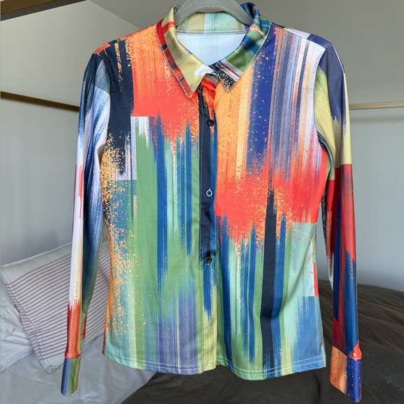 Tops - RARE Vintage 80s 90s Brushstroke Disco Cowgirl button down blouse S M Studio 54